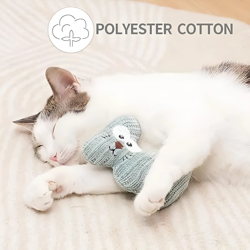 Cyan and light coffee coloured plush cat toys with bells and catnip, measuring 12 by 11 cm.