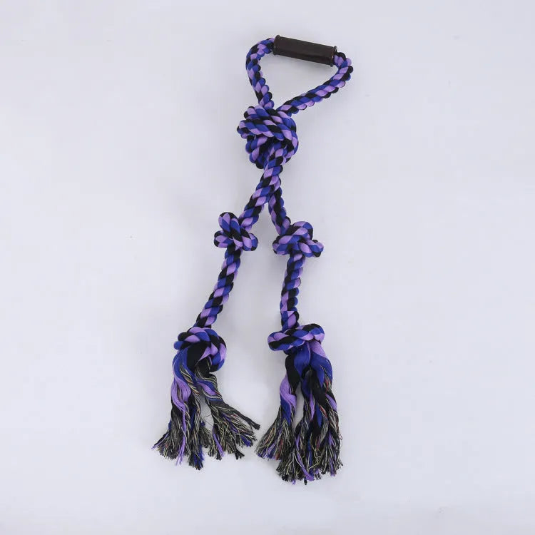 Blue and yellow woven cotton dog tug toy with ergonomic handle for large breed dogs.
