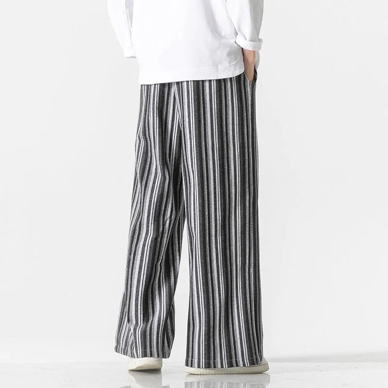 Vintage stripe loose straight mopping trousers in cotton blend fabric showing straight leg opening