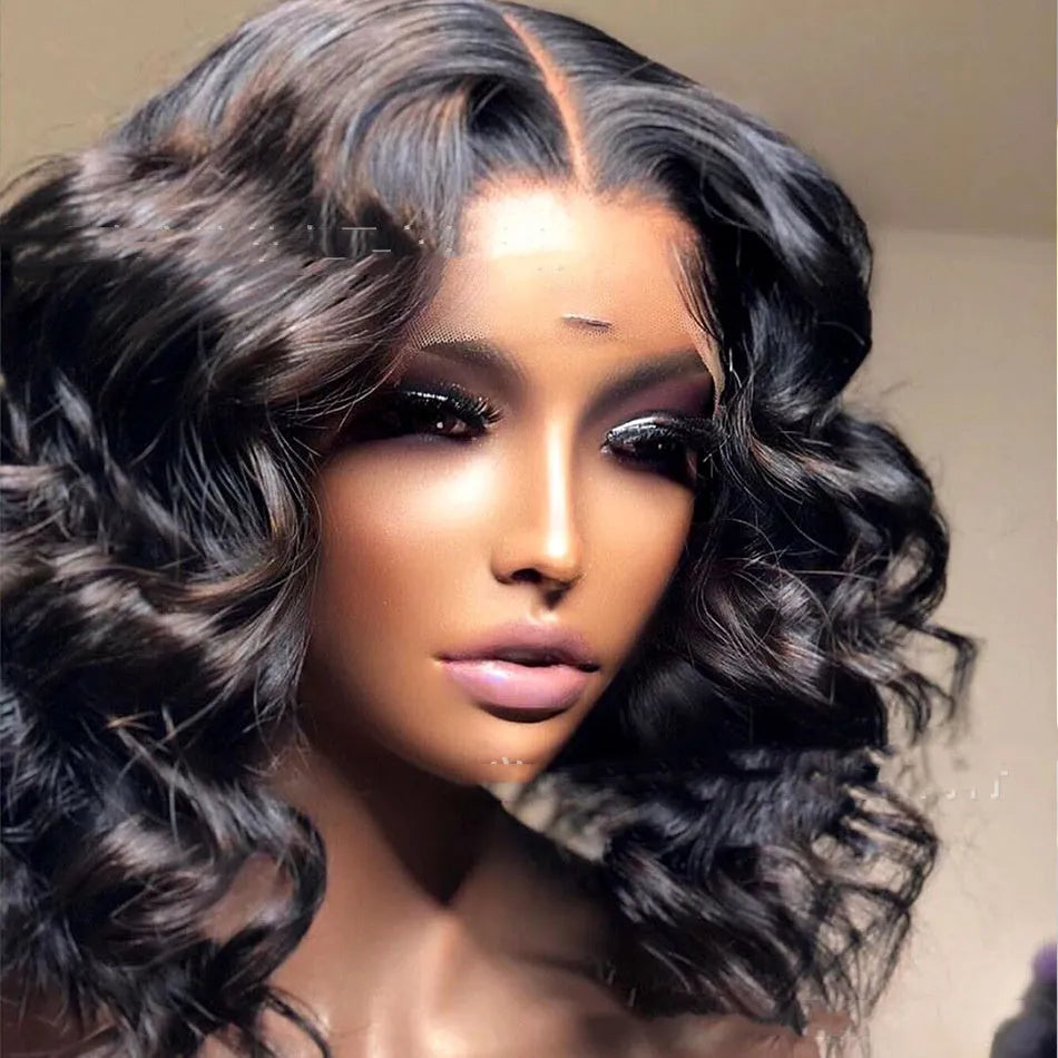 Half-length black front lace short curly hair wig on a mannequin head, 16 inches with long bangs