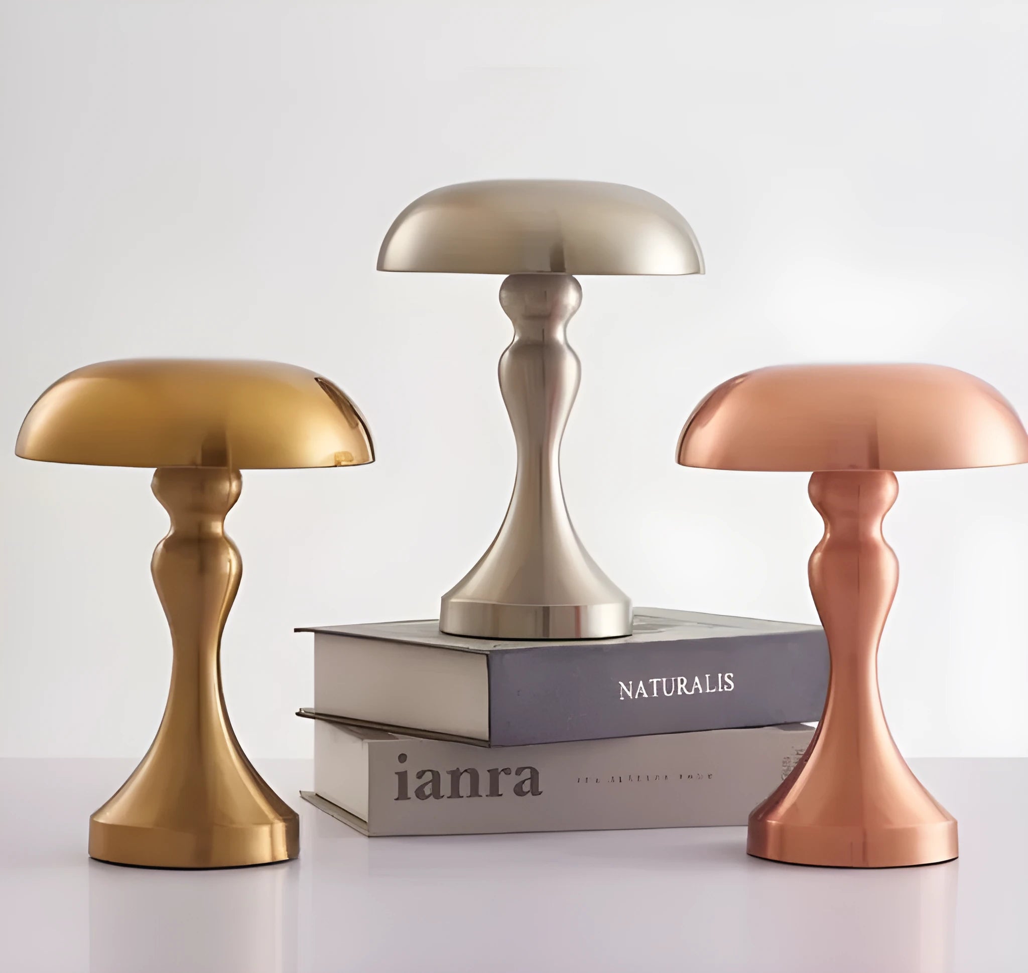 Metallic USB rechargeable touch desk lamp showing three colour light settings