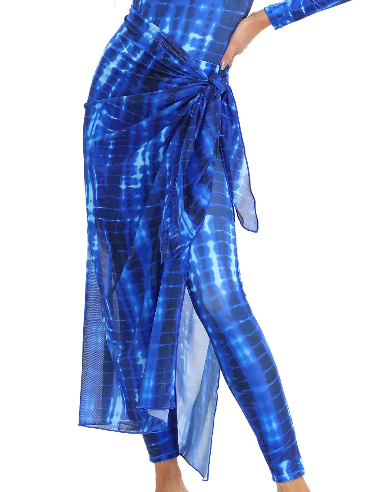 Conservative blue swimsuit and apron three-piece set for women on a mannequin.