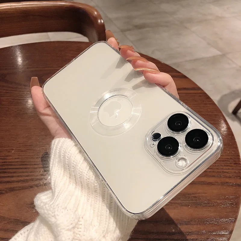 Transparent electroplated silicone iPhone case with built-in camera lens protector in multiple colour options.