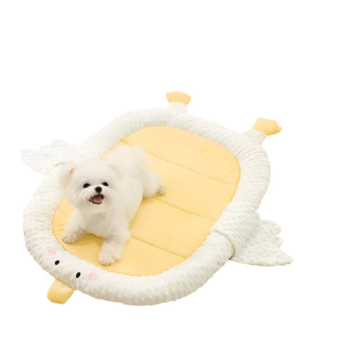 Bedsure medium orthopedic dog bed with removable grey cover on wooden floor