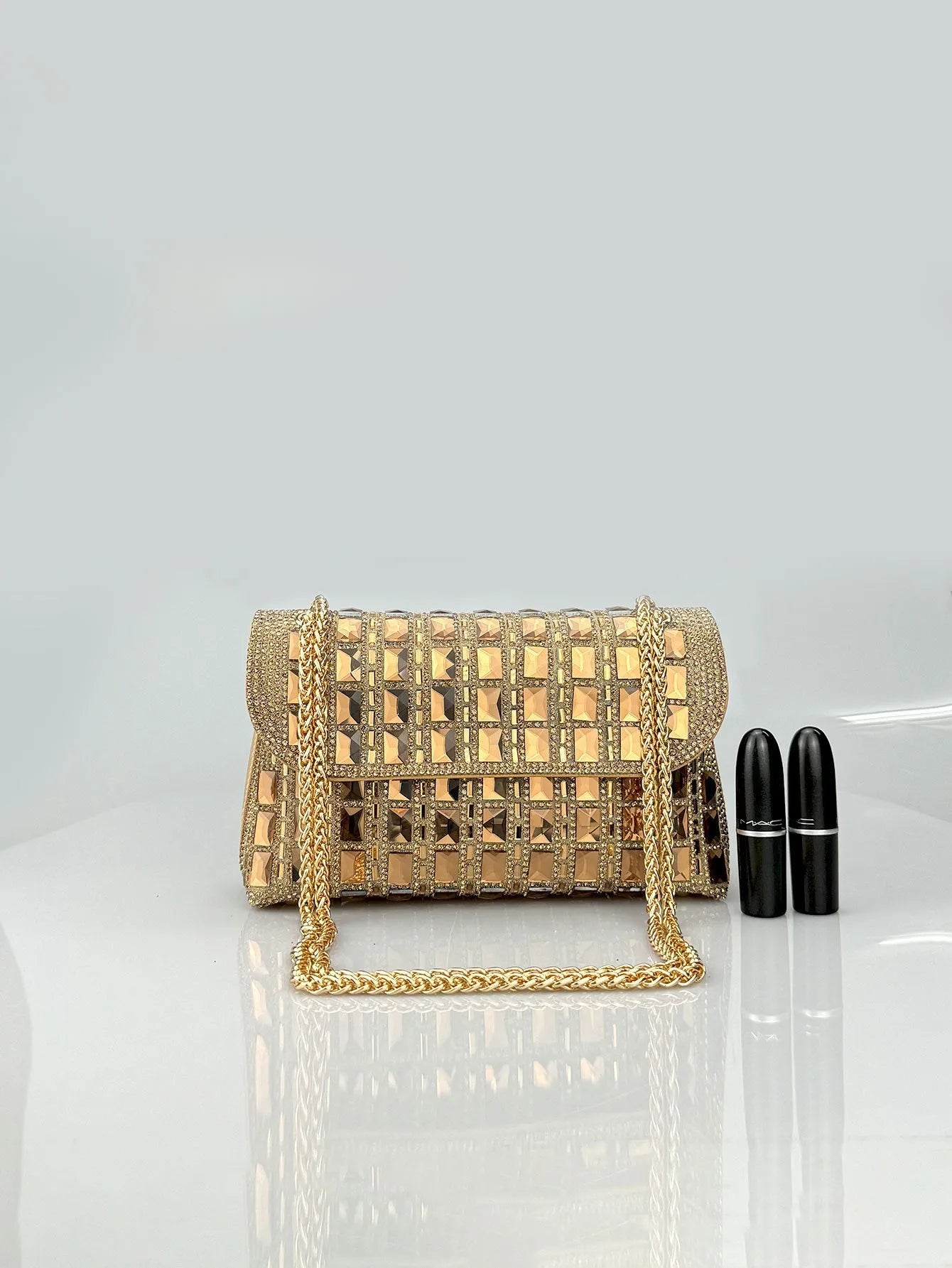Shiny glass rhinestone chain clutch bag with dedicated phone compartment in retro style