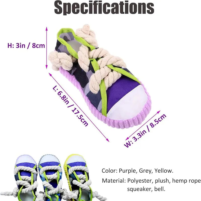 Dog toy shaped like cotton rope slippers with shoelaces, sole patterns, and built-in sound devices for playtime