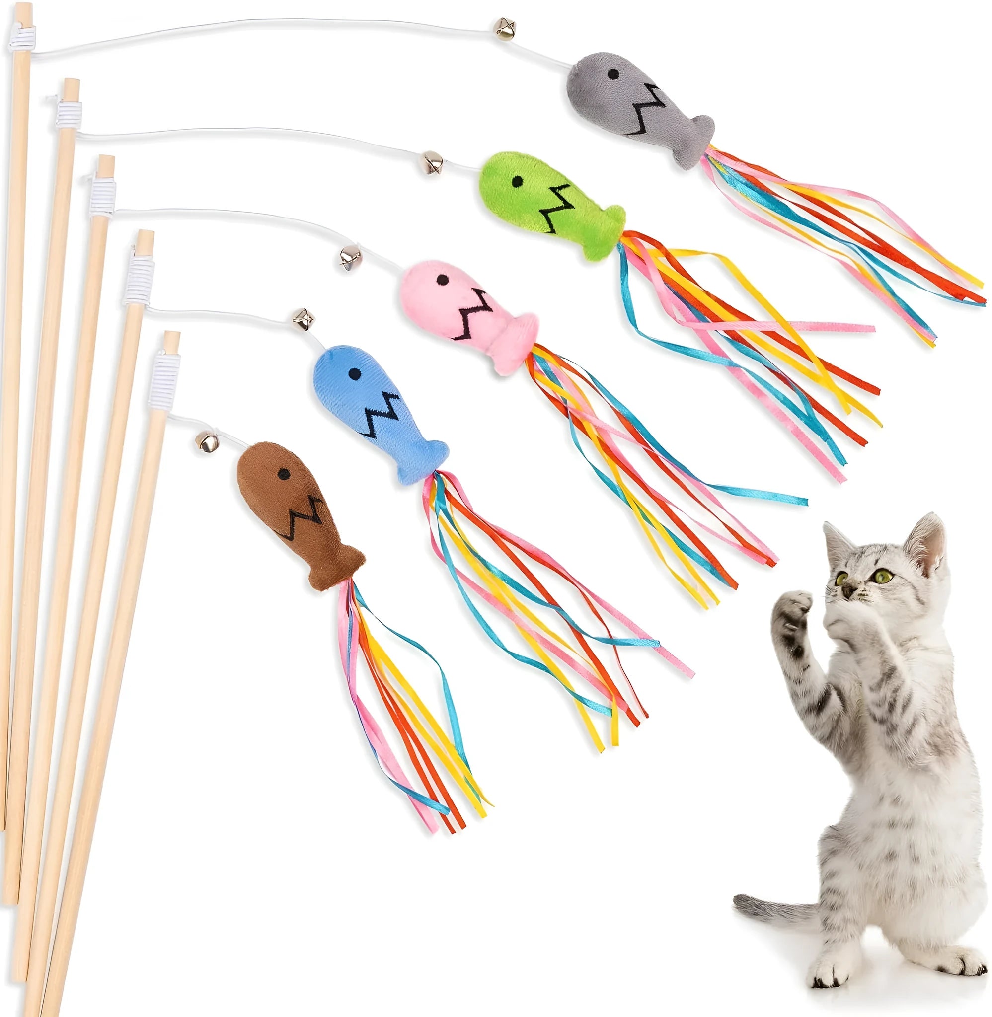 Cat wand toy with wooden handle, catnip fish attachment, colourful ribbons, and bell