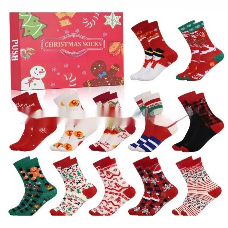 Seven different Christmas stocking blind boxes with colourful resin decorations for holiday displays