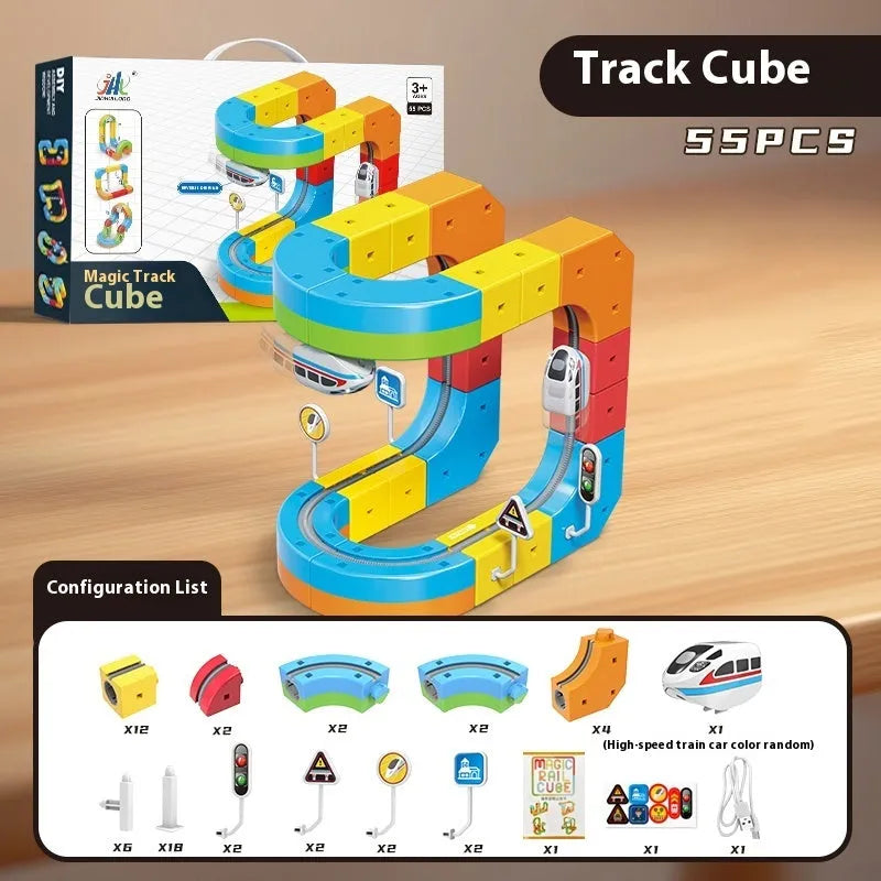 Children's 55-piece plastic track cube building blocks toy with USB charging Basic Edition