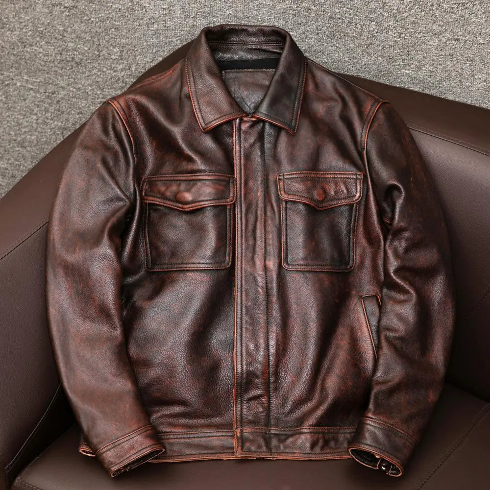Men's black plus size PU leather jacket with lapel collar and side pockets