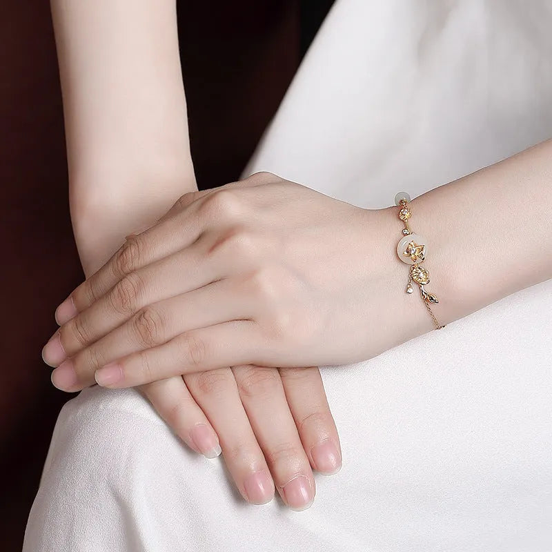925 silver lotus peace buckle bracelet with Hetian jade inlay on wrist