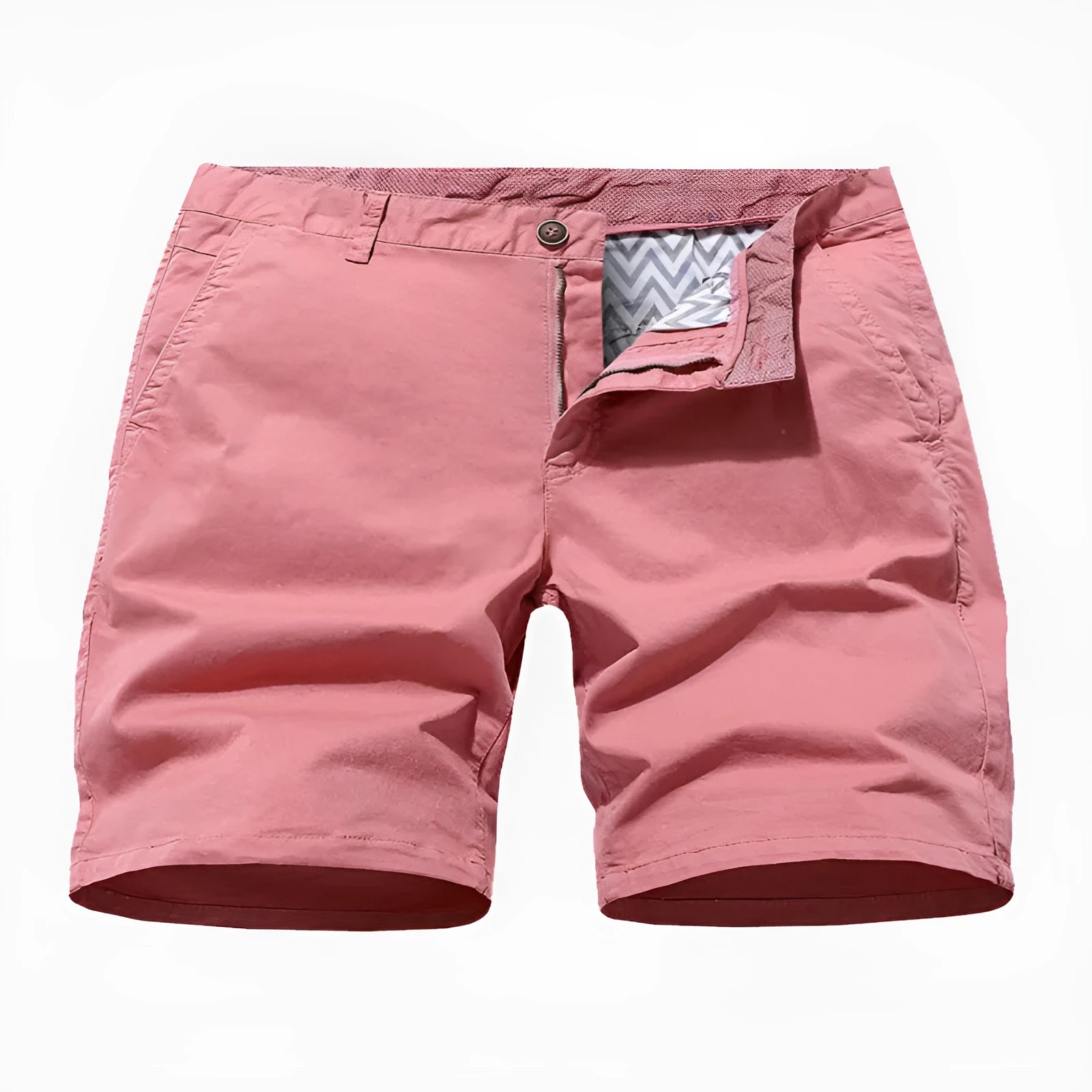 Man wearing blue printed denim casual shorts with a loose fit and straight leg, showcasing the no-belt workwear style.