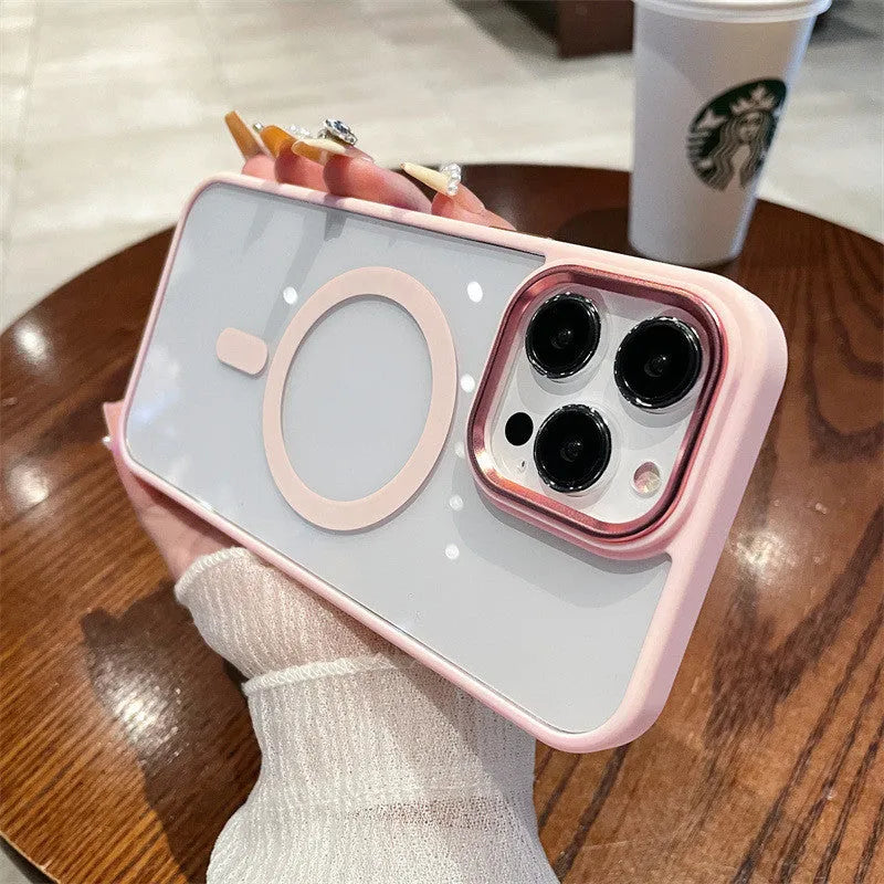 Acrylic magnetic soft edge phone case for Apple iPhone 11-15 series in black, showing camera cutout and soft bumper