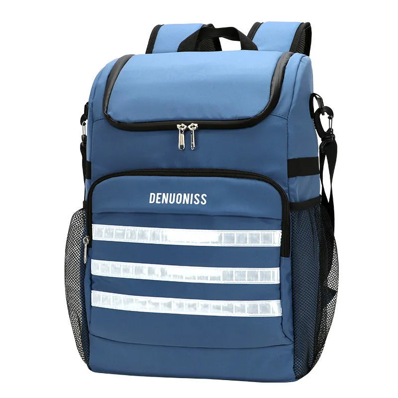 Black cloth backpack with a shoulder strap bottle opener, shown alongside lake blue, pink, and watermelon red colour variants.