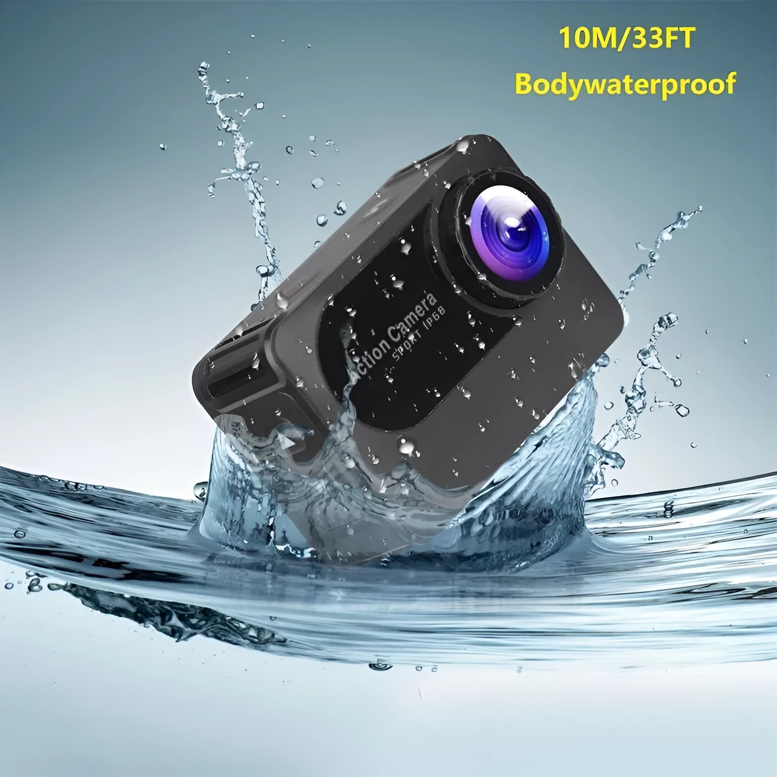 Black compact action camera with touchscreen, shown for outdoor sports and dashcam use.