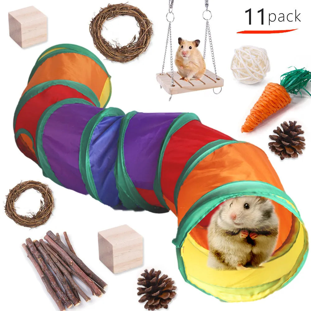 Wooden pet toy set with straw mats and woven balls for rabbits and guinea pigs