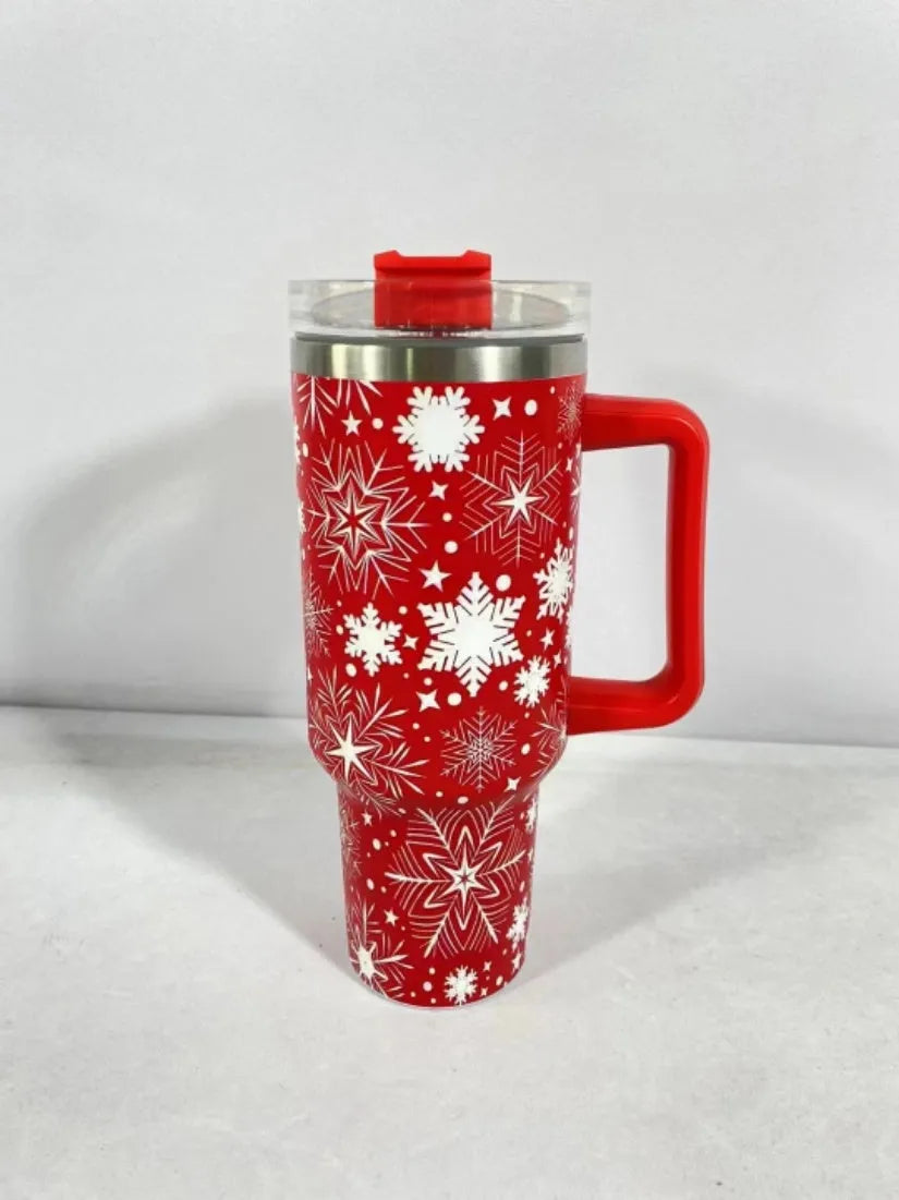 Christmas pattern stainless steel vacuum tumbler with handle, lid and straw - 1200ml capacity travel cup