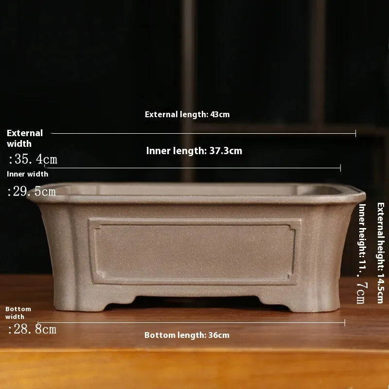 Purple sand rectangular manger bonsai pot with corner-cutting detail in antique classical style