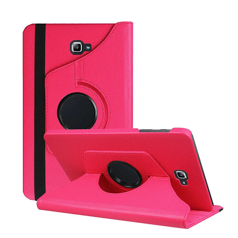Rotating leather tablet case in clamshell design showing T-series compatibility and multiple colour options