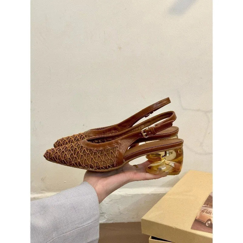 Brown women's square toe slingback sandals with woven toe cap detail on a white background.
