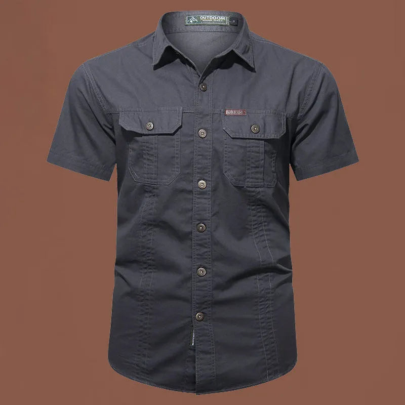 Men's loose-fitting short sleeve cotton work shirt in army green, shown in a cardigan style.