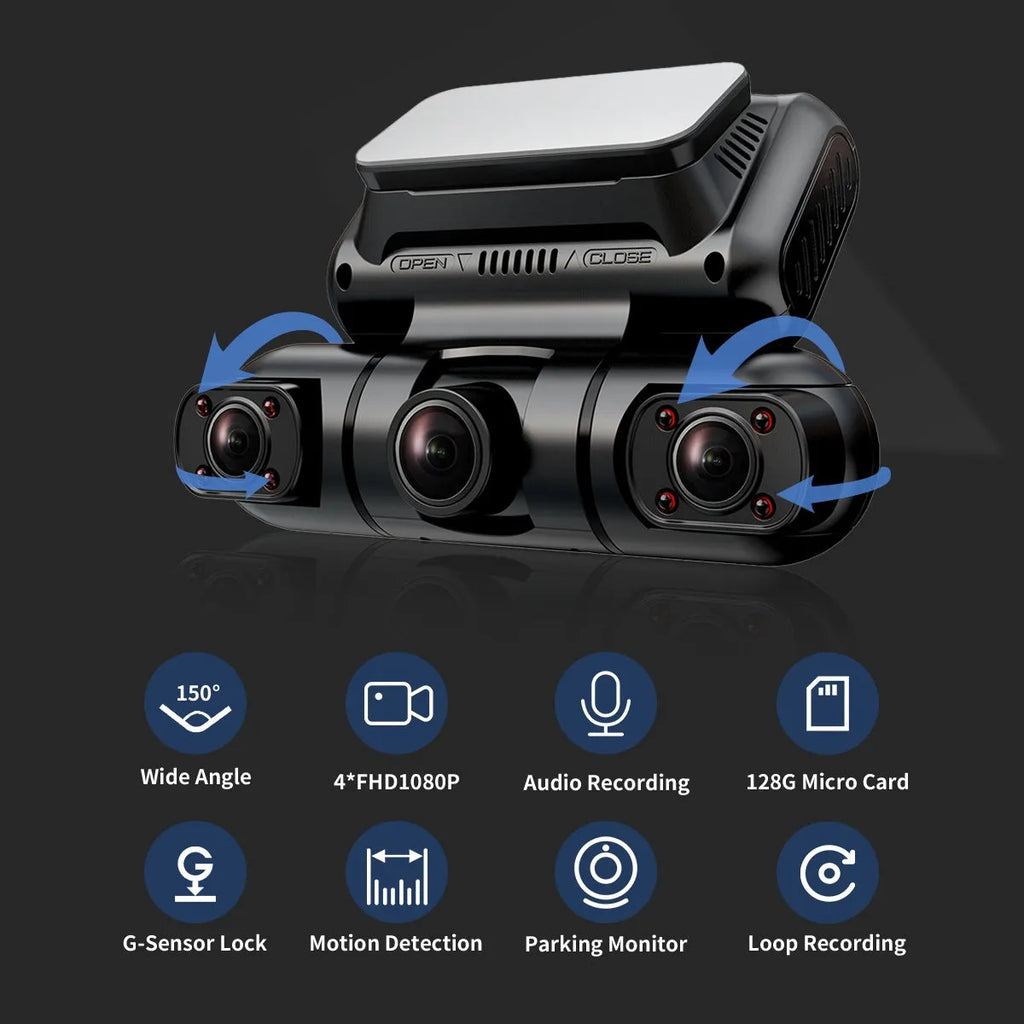 Hainatech 4 channel dash camera with 360 degree view, GPS, WiFi, night vision, and 128G memory card in black