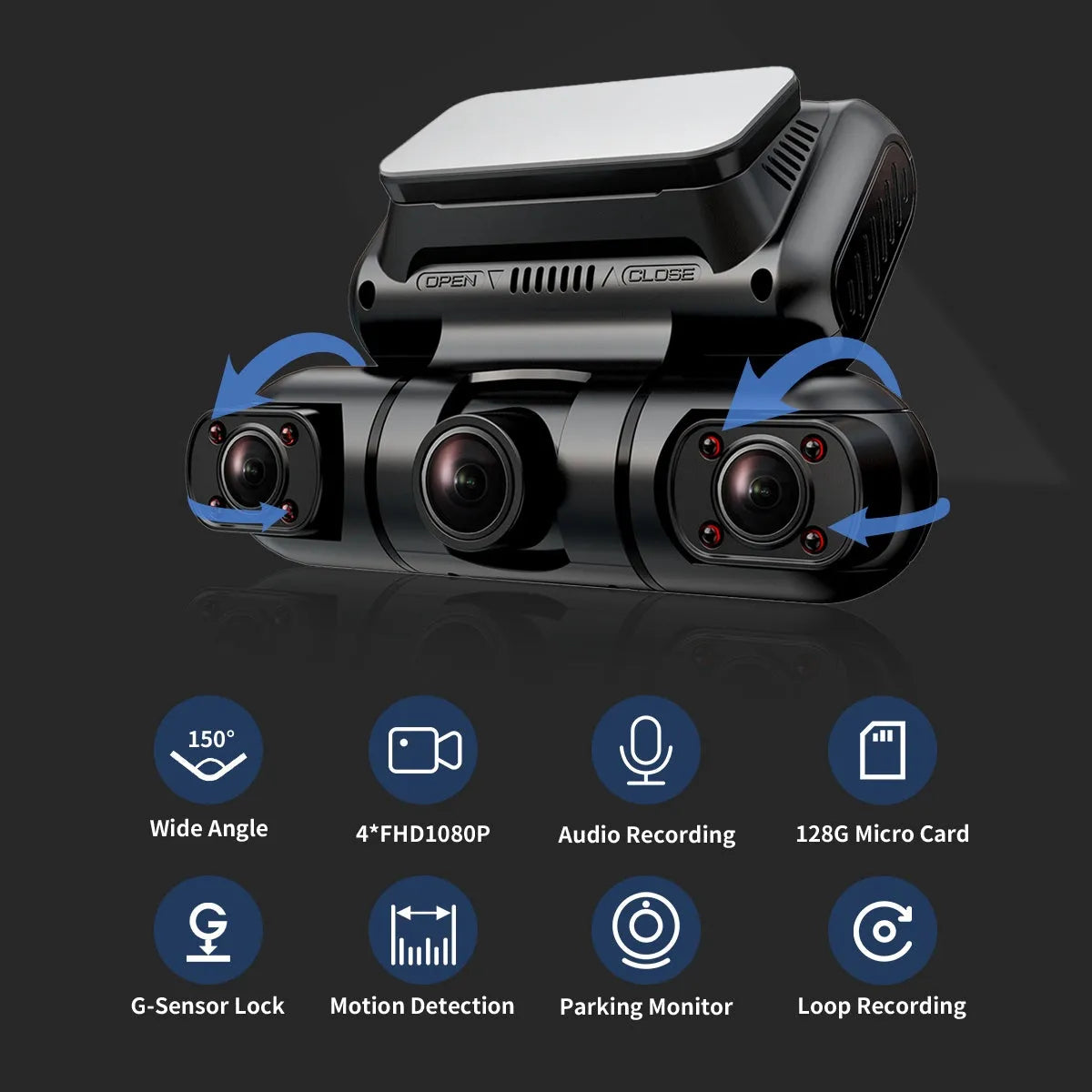 Hainatech 4 channel dash camera with 360 degree view, GPS, WiFi, night vision, and 128G memory card in black