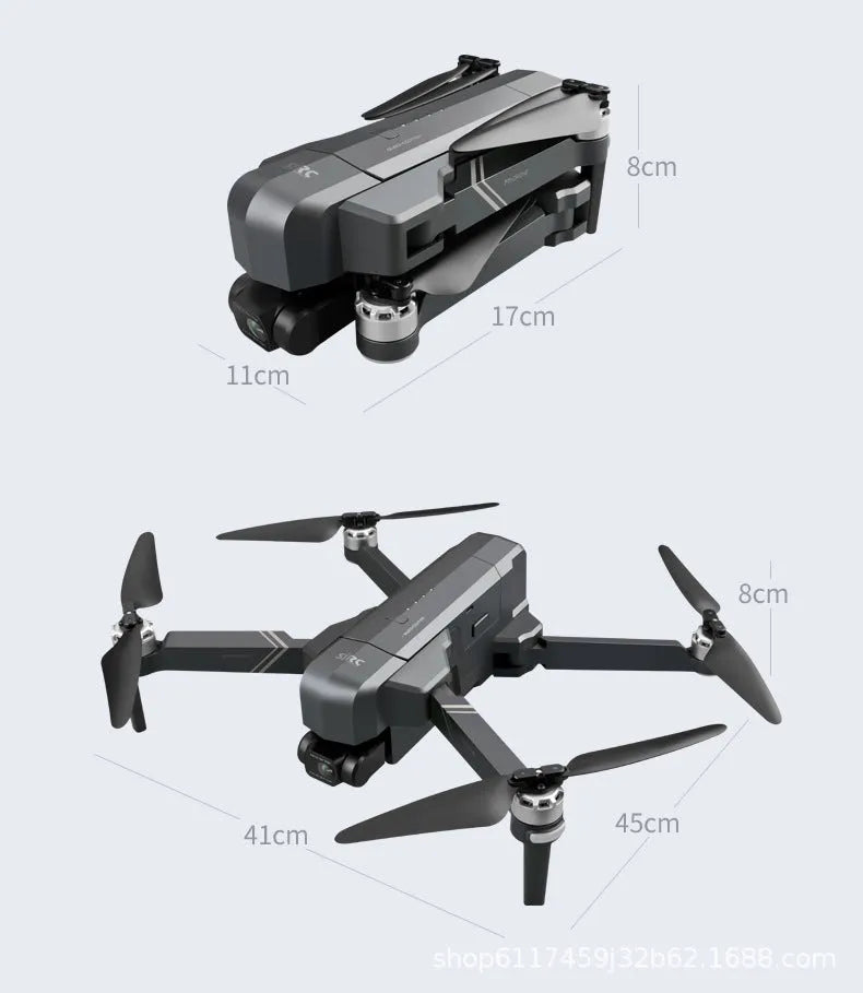 Black F11s PRO GPS folding drone with 4K camera and gimbal, shown in both expanded and compact folded sizes.