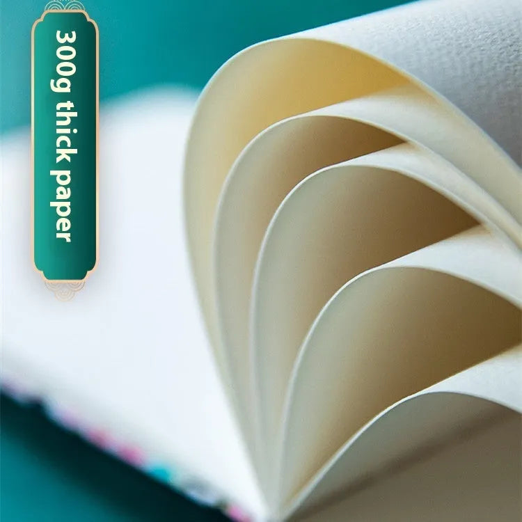 Feiluniao handmade fabric watercolour notebook with illustrated cover, open to show blank paper pages.