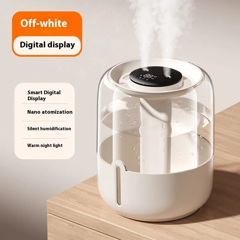 Round beige large capacity humidifier with dual spray nozzles, humidity display, and USB port