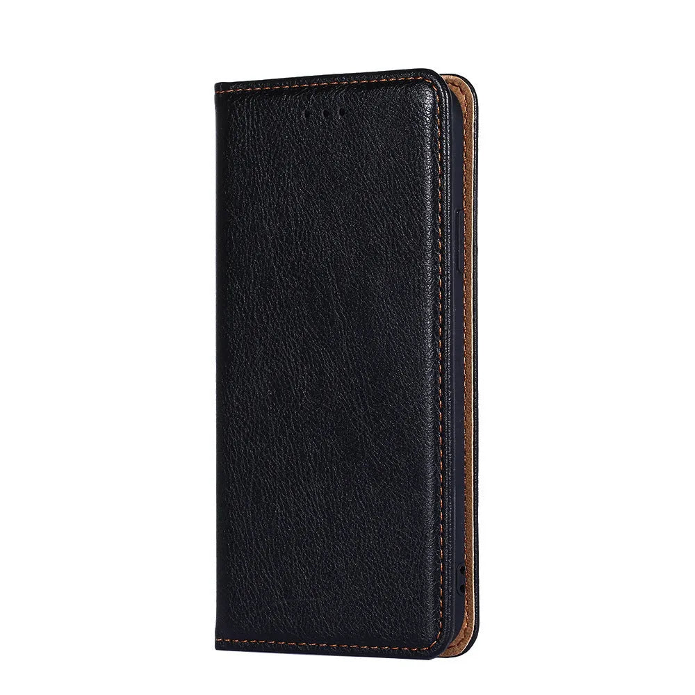 Samsung PU leather magnetic flip case in classic black with card slot and adjustable stand open