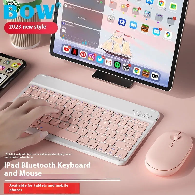Bluetooth keyboard for tablet in ABS plastic, showing colour options including white, green, and pink.