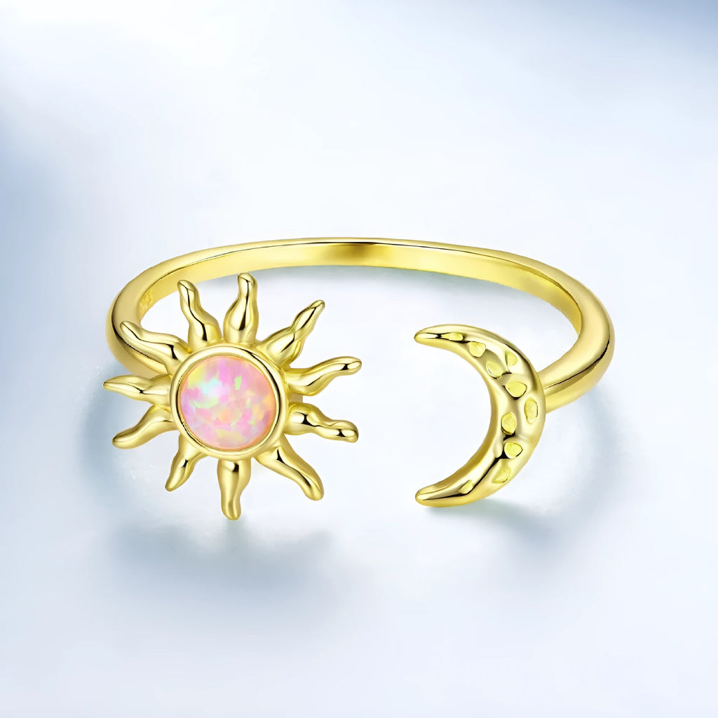 Silver adjustable opening ring for women with Sun Moon electroplated design in BSR686-E colour