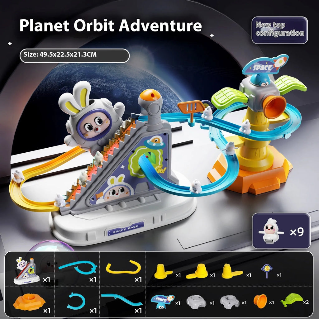 Children's space rabbit electric track toy with plastic climbing stairs and slide