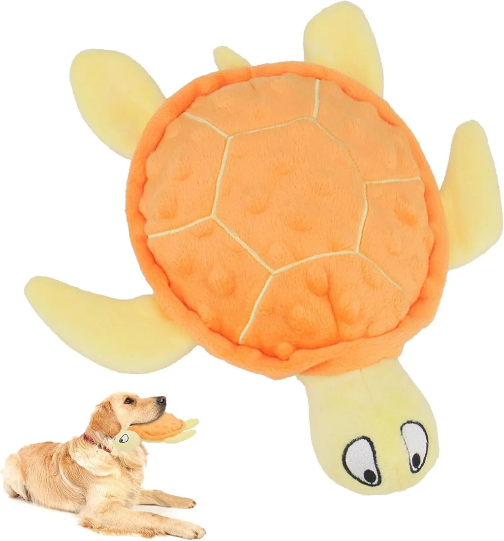 Blue sea turtle plush dog toy with composite mesh material and no stuffing