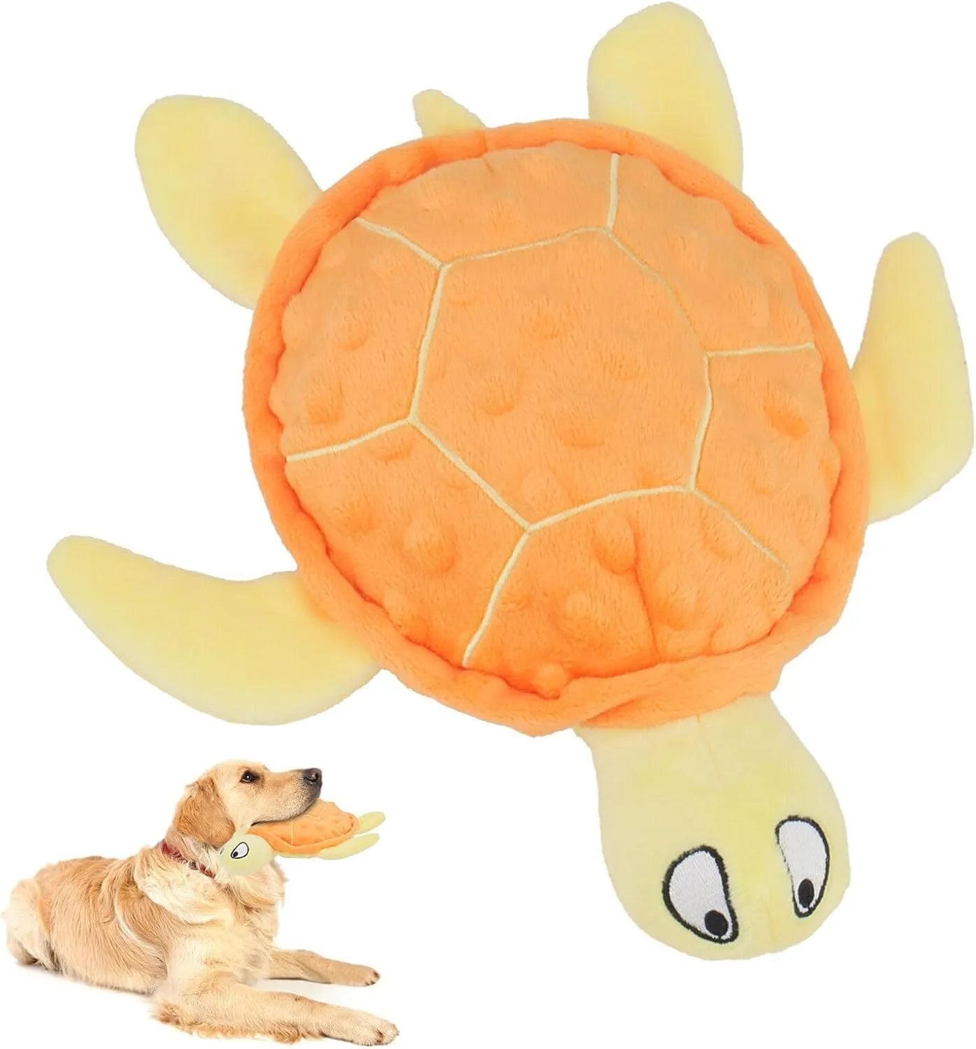Blue sea turtle plush dog toy with composite mesh material and no stuffing
