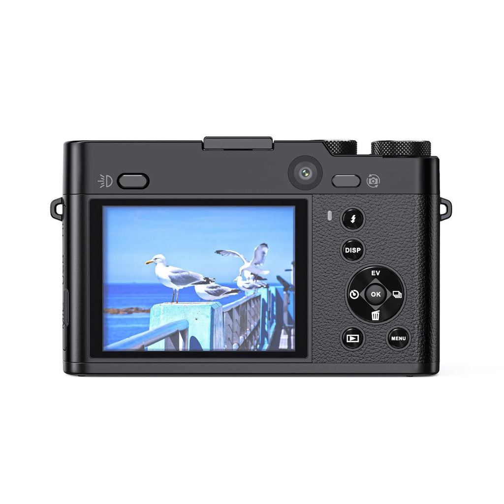 Selfie 5K HD digital optical zoom camera in black with lens and screen
