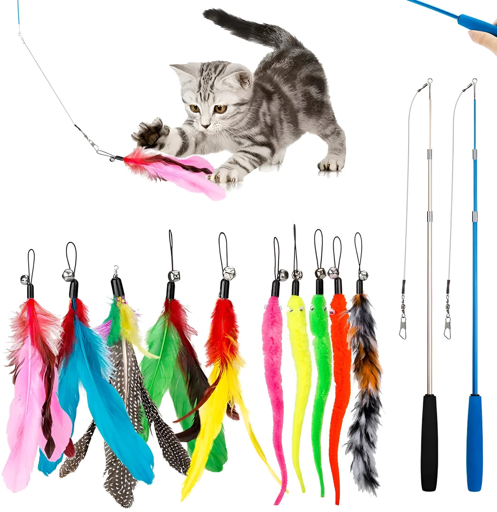 Cat fishing rod toy with feather teaser head and replacement components on blue background
