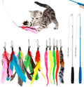 Cat fishing rod toy with feather teaser head and replacement components on blue background