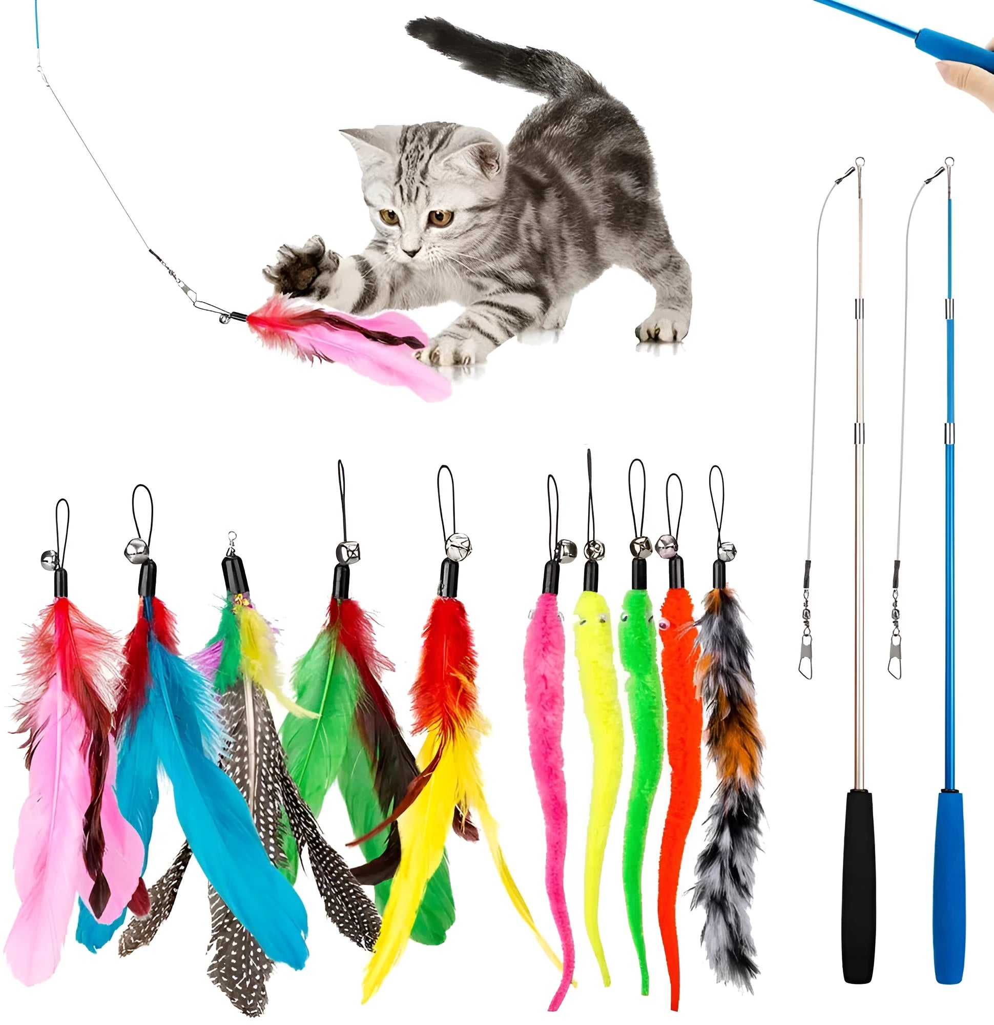 Cat fishing rod toy with feather teaser head and replacement components on blue background