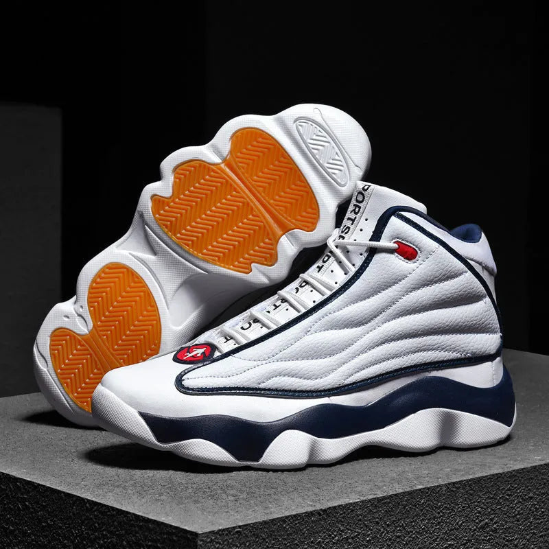 High-top basketball shoes with thick rubber soles and mesh uppers in AJ13 white red colourway