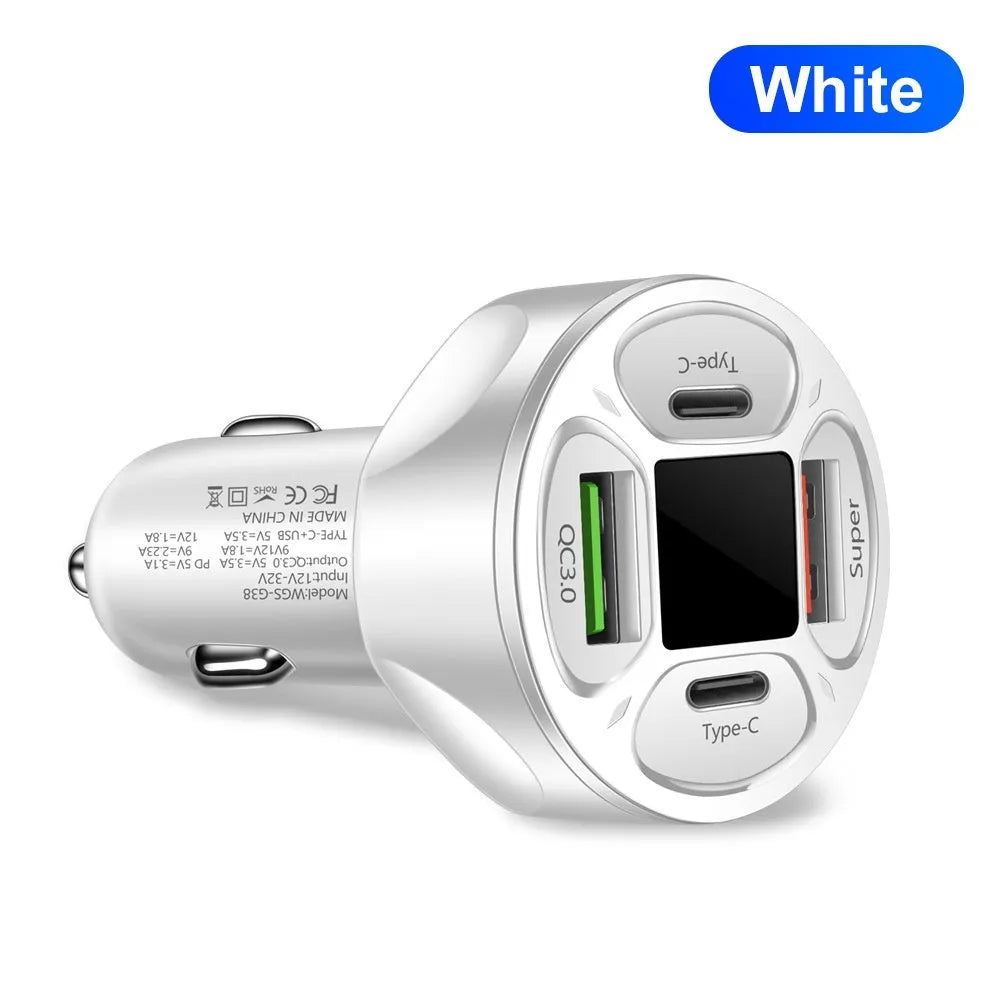 66W black digital display car charger with two USB and two Type-C ports for fast charging