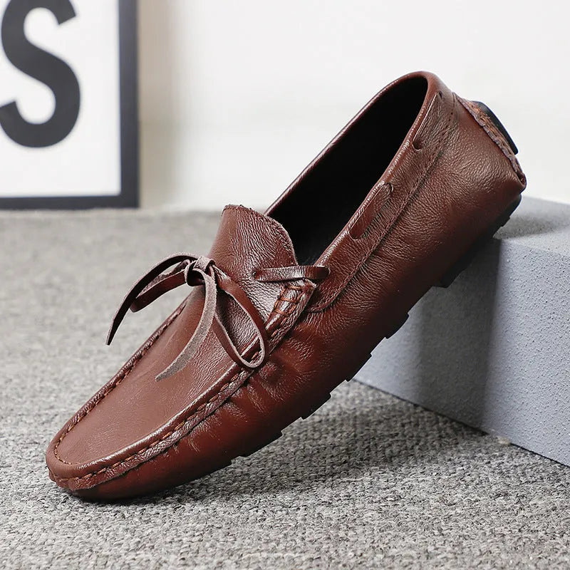 Summer men's genuine leather casual shoes in brown with sewing line detail