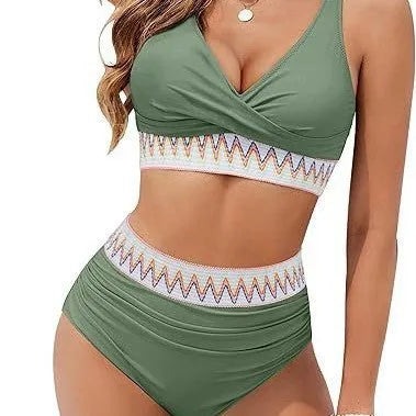 Women's solid colour split bikini swimsuit in polyester fabric, briefs style, available in multiple colours