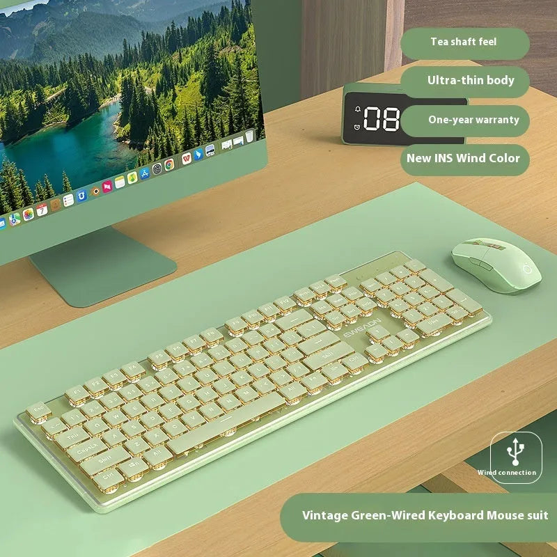 Prewalker V3 wired mute keyboard and mouse suit in retro green colour on a desk