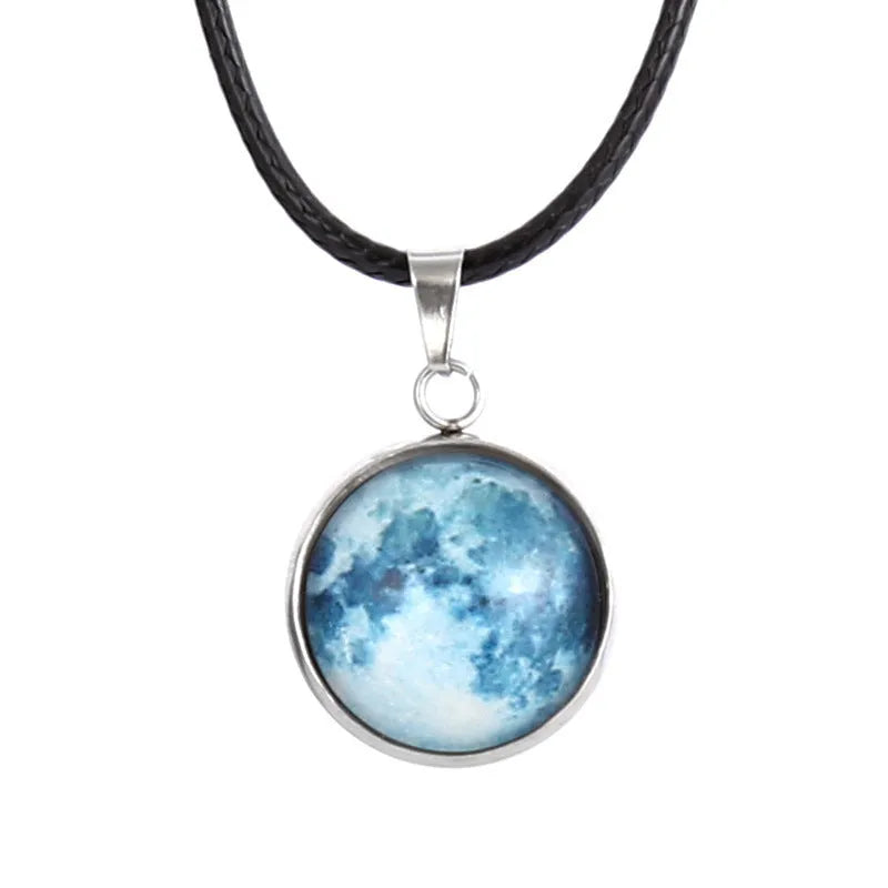 Moon night sky constellation glass pendant on a luminous alloy necklace chain with extension.