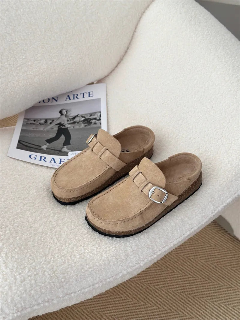 Unisex lazy mule slippers in antelope brown with cow suede upper and cork sole, side view