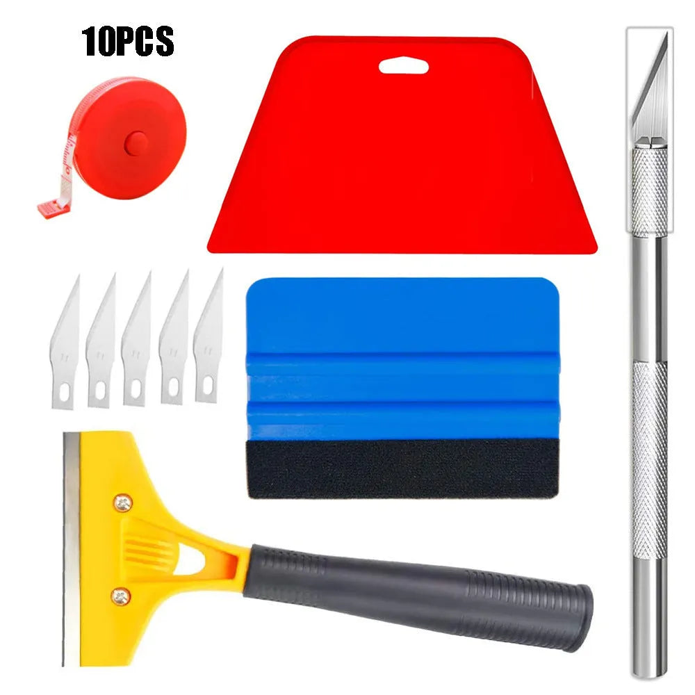 12-piece plastic car film smoothing tool set with squeegee and T-bar for window tinting.