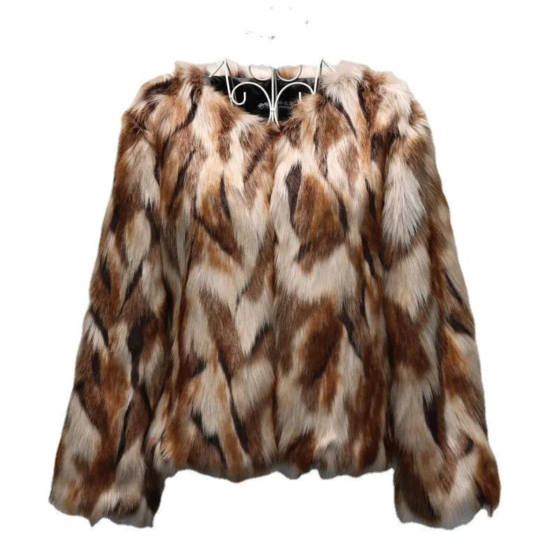 Korean slim-fitting women's faux fur coat in picture colour, shown with regular sleeves.