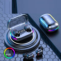Black sports TWS Bluetooth earbuds with touch controls, shown in a charging case.
